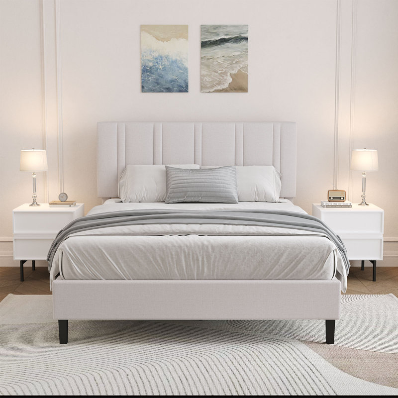 Tufted Headboard, Upholstered Platform Beds with Wooden Slats Support, Fabric Bed Frame, Cream, Queen