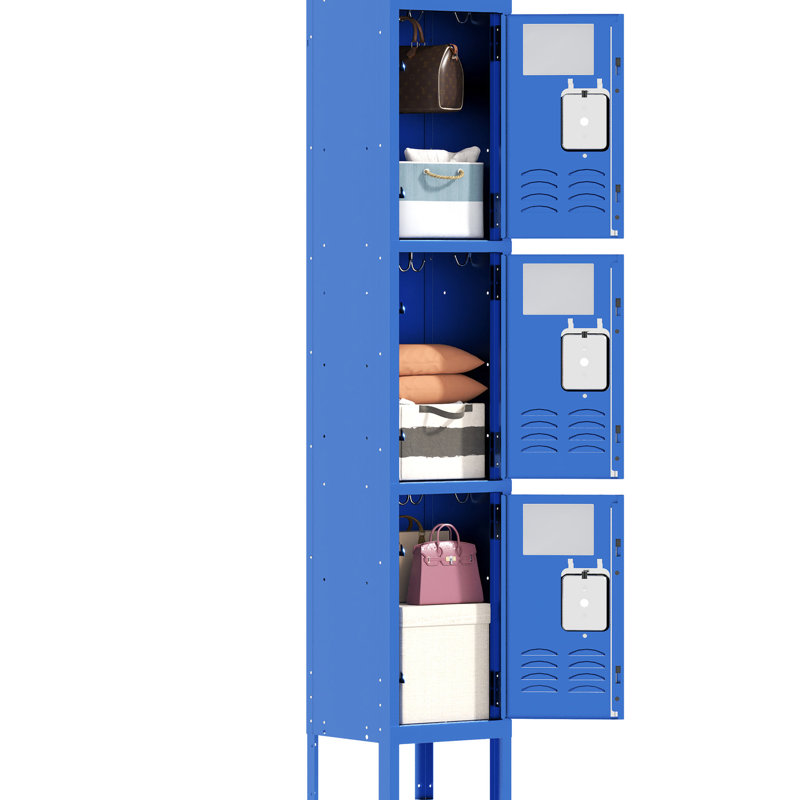 Blue Metal Locker With 3 Doors For And Garage Gym Home Office Employee - Three Compartment Design, Ventilation Holes, Useful Accessories Use