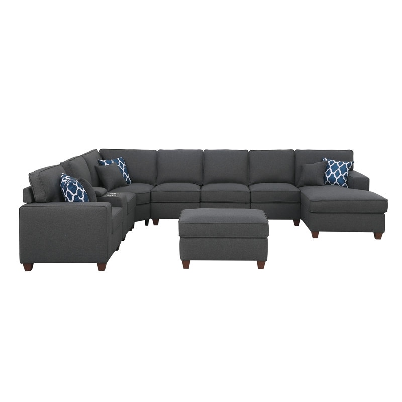 Eric 9 Pieces Upholstered Sectional With Ottoman, Dark Gray Linen