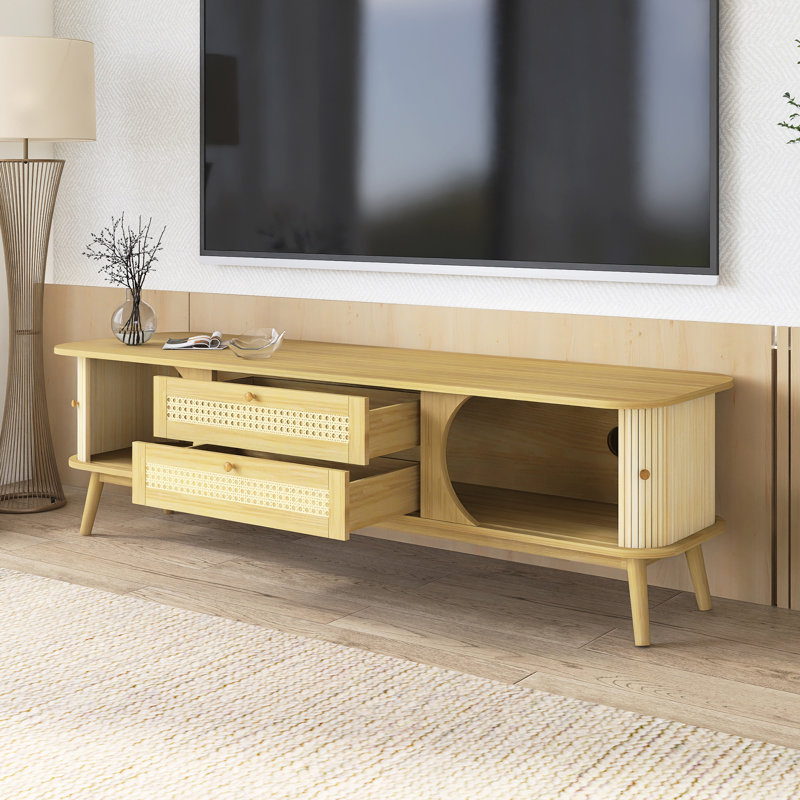 Meuble télé en rotin de style campagne moderne pour téléviseur de 75 po ou moins, Naturel