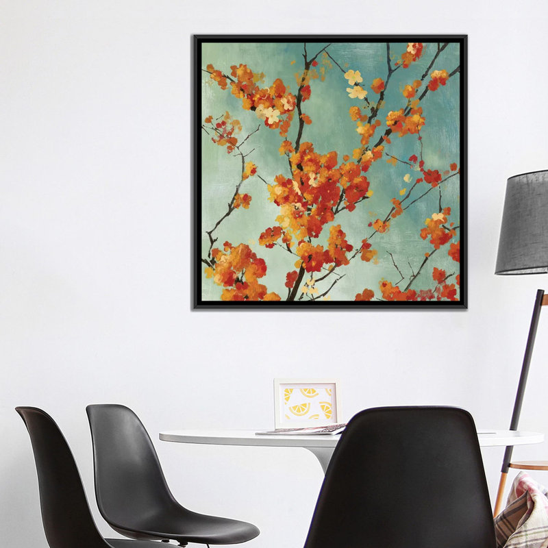 « orange fleurs i », reproduction sur toile, H 18 po x l 18 po x P 1,5 po, Toile avec cadre noir, Pas de tapis