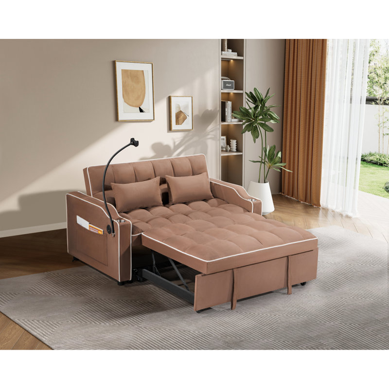 Velvet Pull-out Sleeper Sofa Bed, Adjustable Back and with USB Pport, swivel phone stand, Brun