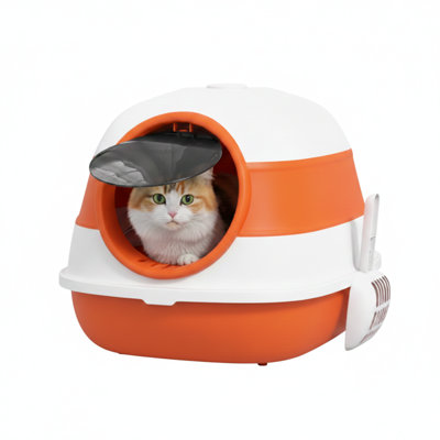 Contenant à déchets félin avec couvercle. Bac à litière fermé avec parois latérales hautes. Comprend un assainisseur d'air. Offre une grande entrée à double sens. Fabrication pliable pour un nettoyage facile. Disponible en orange et noir.