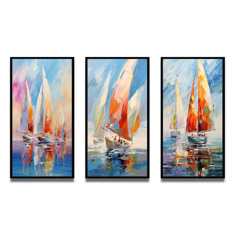 " Sailboat Abstract Winds " 3 - Pieces, 40" H x 60" W, Black Floater Framed