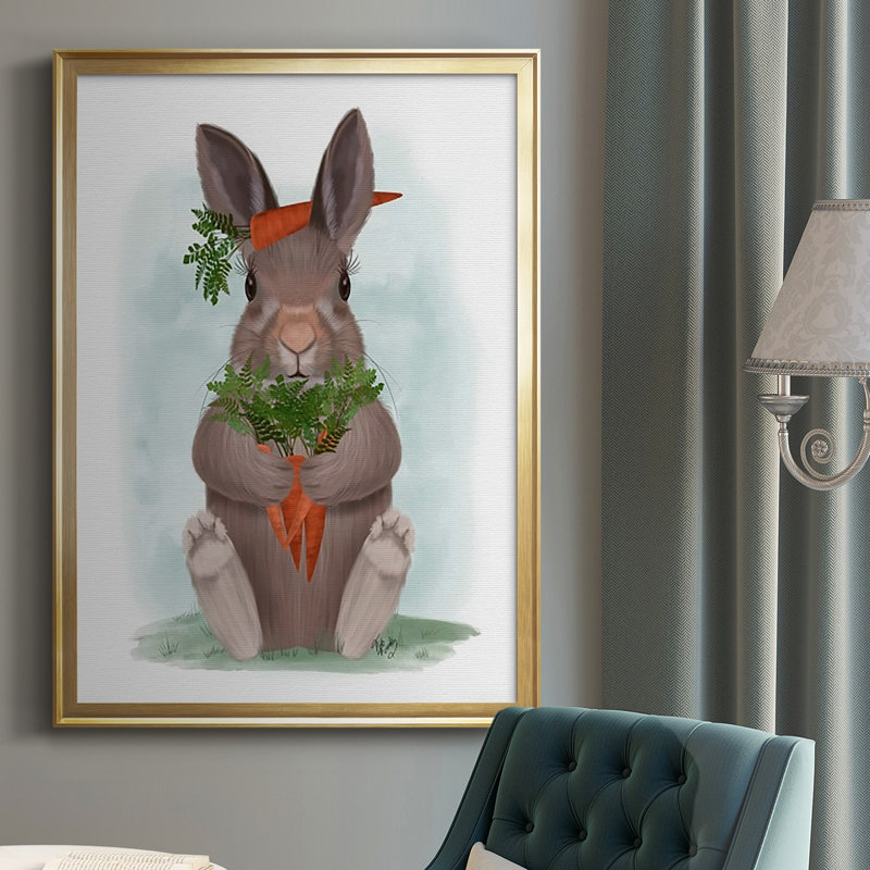 Lapin, carotte, étreinte sur papier, Encadrement doré, H 42,5 po x l 30,5 po x P 1 po