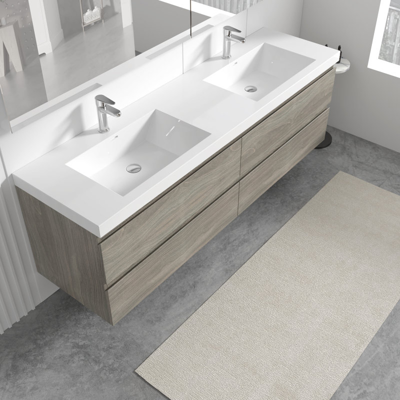 Angela 72 inch Fully Assembled Double Floating Bathroom Vanity with Solid Surface Sink, Slate Ash