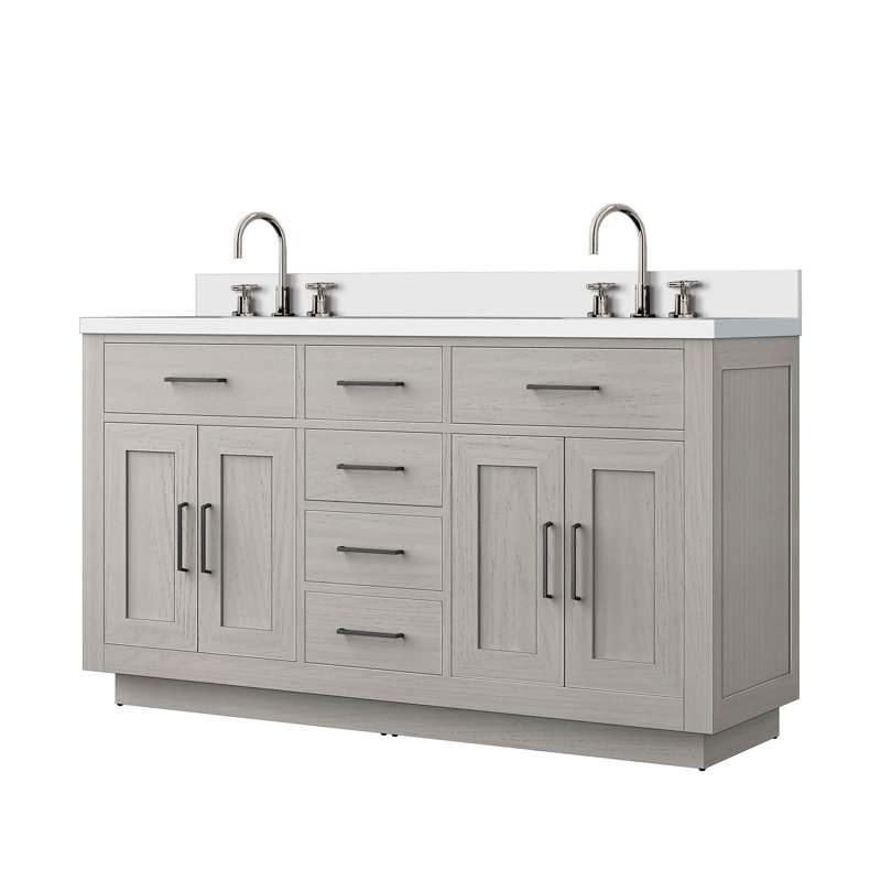 Meuble-lavabo double en chêne 60 po X P 22 po D, plateau en quartz blanc et ensemble de robinet, Blanc, Noir mat, 60"