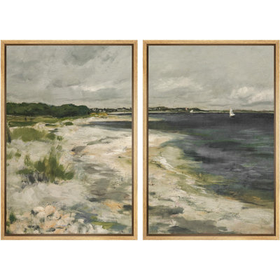 Beach And Waves " Coastal Shoreline With Lush Dunes Serene Beach Landscape Nature Wilderness Illustration Decor " 2 - Pieces