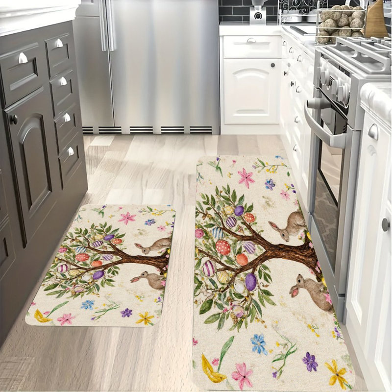 Arbre de Pâques avec lapins, tapis de cuisine antidérapants 2 pièces