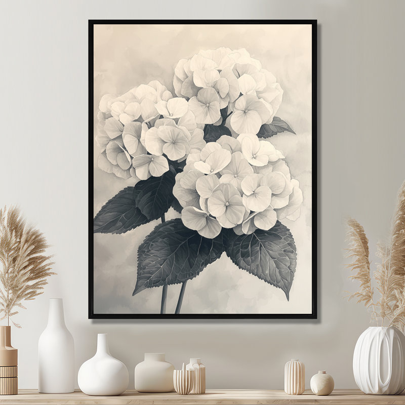 Hydrangées rétro en monochrome II - impressions sur toile d'hortensias, H 20 po x l 12 po, Reproduction avec cadre flottant