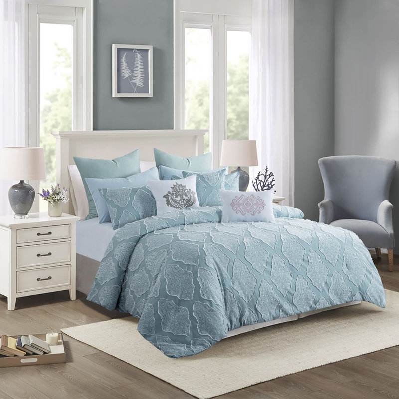 Ensemble d'édredon damassé en microfibre Suniya, Édredon de grande taille et 5 pièces supplément, Vert clair