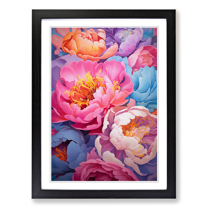 Peony Flower Colour Field - Single Picture Frame Print on Wood, 64cm H x 46cm W x 2cm D, Black Framed