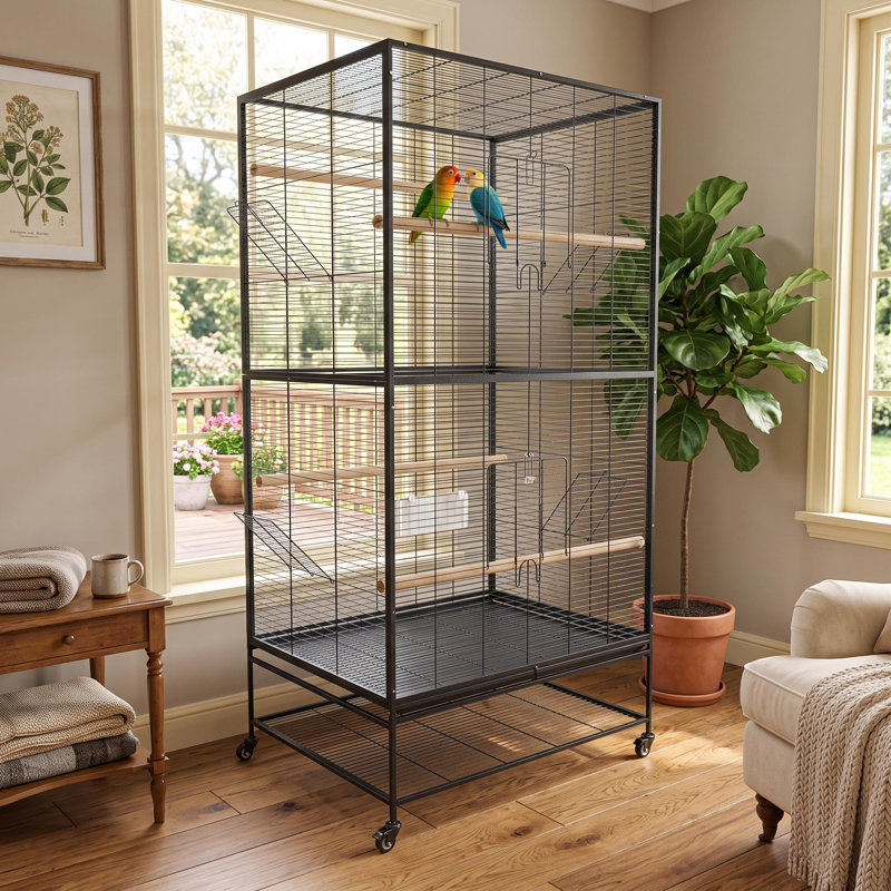 Cage à oiseaux extra large en fer forgé de 168 cm avec support à roulettes et étagère de rangement - Verrouillage de sécurité - Convient aux perroquets, perruches, conures, calopsittes, inséparables, perruches ondulées, pinsons et canaris