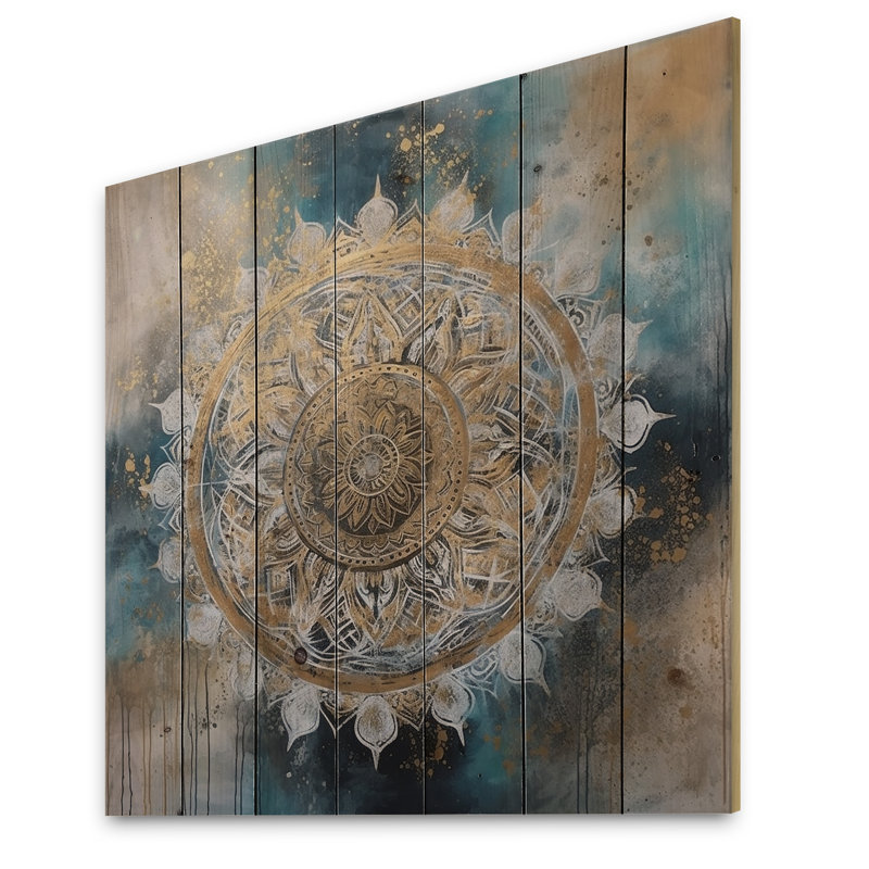 Sarcelle et or Mandala III - impression d'art mural en bois Boho Mandala, H 15 po x l 15 po x P 0,78 po