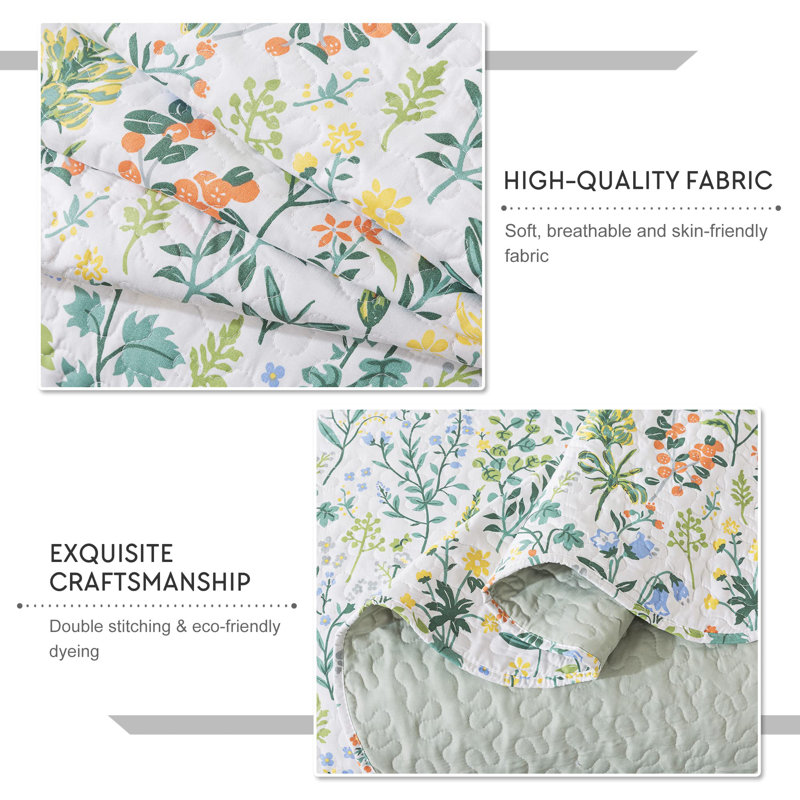 3-Piece Quilt Set Quilted Bedspread Lightweight Coverlet Set Garden Style Floral Printed Oversized Quilted Bedding Set With Shams For All Season, Exquisite, Queen Size