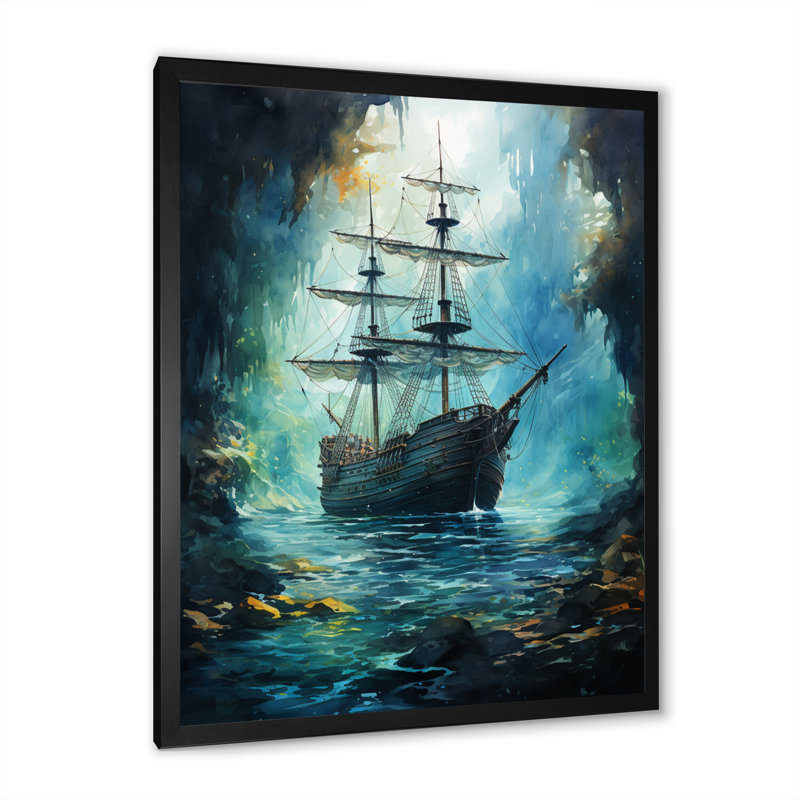 Sirènes chantant un bateau pirate - décoration murale nautique et plage, Cadre photo noir, H 32 po x l 16 po x P 1 po