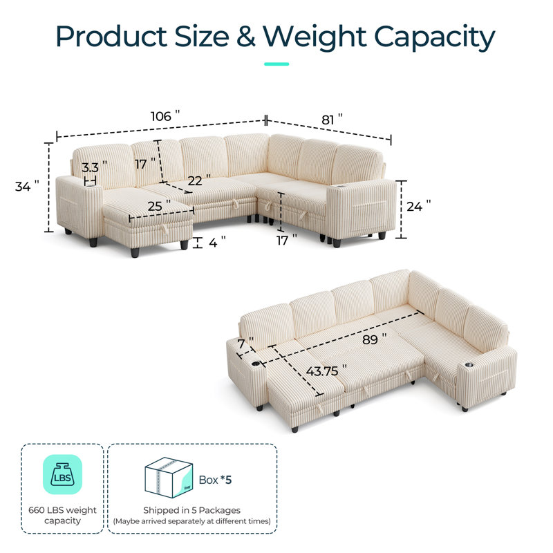 Sherry 106" Convertible Plush Corduroy Sleeper Sectional With Storage Chaise & USB Charging, Effie Beige Corduroy