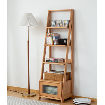 Cherry Wood Ladder Bookshelf with Glass Door Cabinet