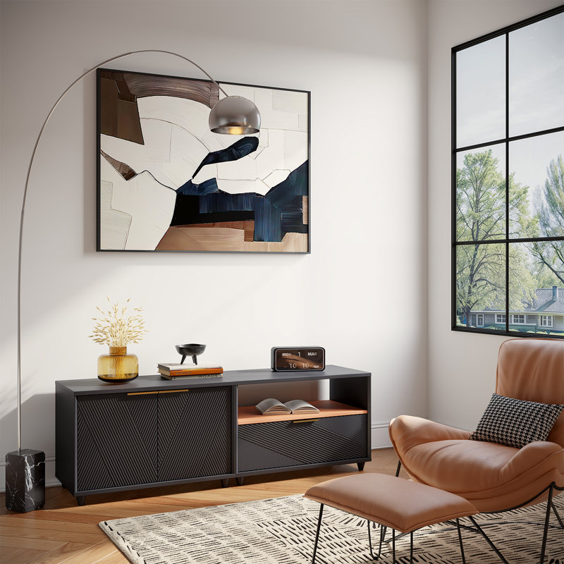 Meuble télé moderne avec rangement, Noir, 19.7" H x 59.1" L x 15.8" W