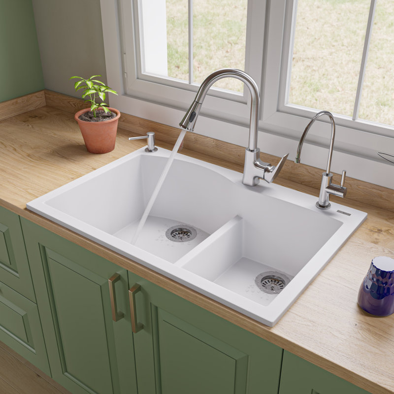 33'' L Double Bowl Granite Kitchen Sink, White
