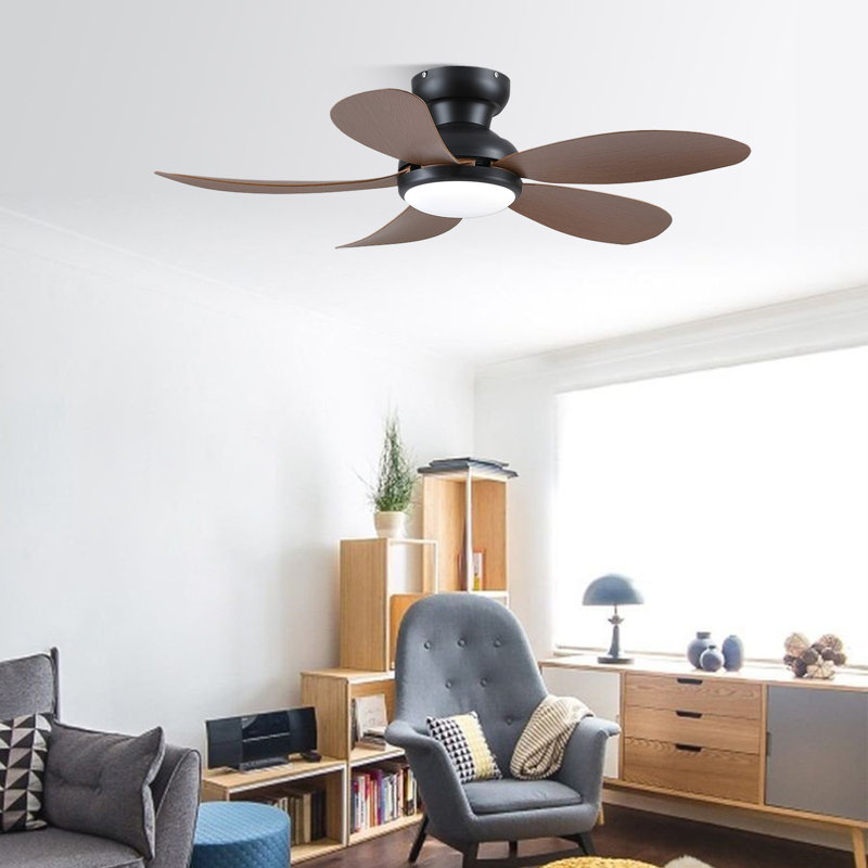 Low Profile 42'' 5- Blade Indoor Flush Mount Ceiling Fan With Led Light, Dc Motor And Remote Control, Brown