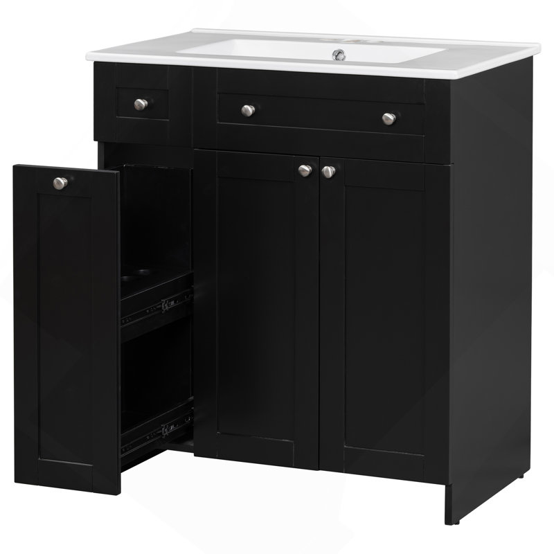 Meuble-lavabo noir 30 po avec lavabo en céramique, armoire de rangement abondante - 2 portes à fermeture en douceur et tiroir profond à deux niveaux