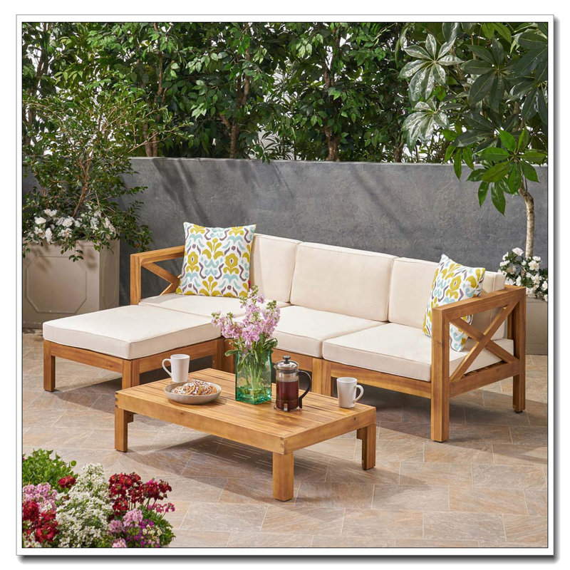 Ensemble de canapé d'extérieur en bois avec table basse, Beige, Bois brun