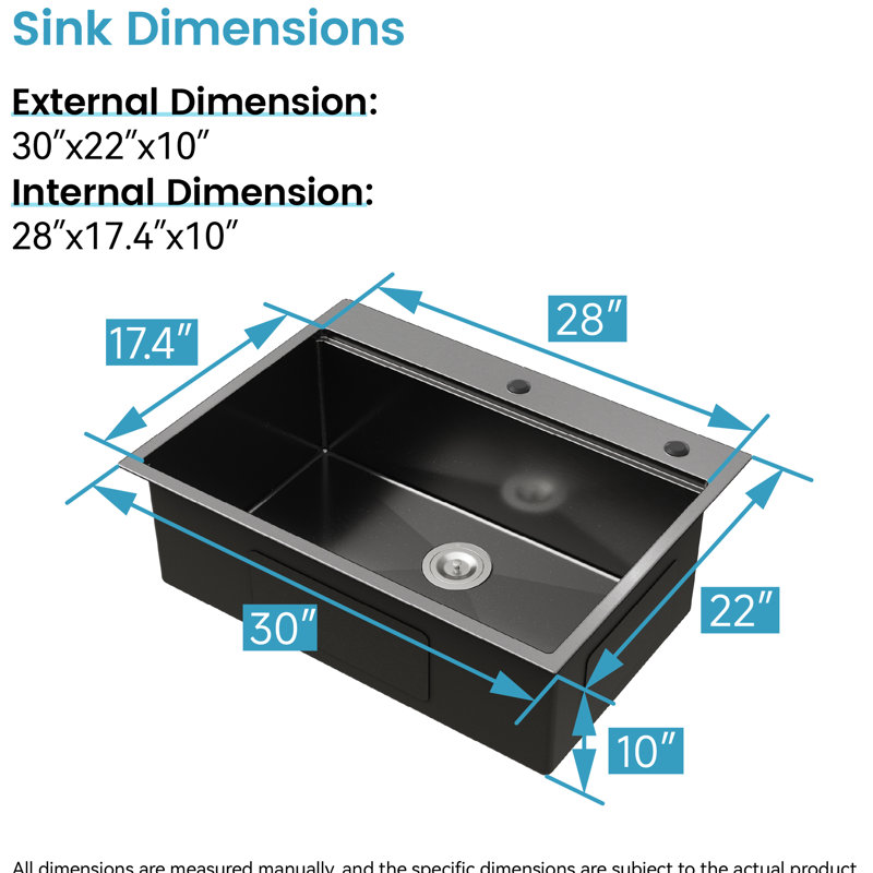 Évier de cuisine en acier inoxydable 30 po x 22 po noir avec coins arrondis et drain - sécuritaire, facile à nettoyer, drainage efficace 304 assure un drainage en douceur, augmente