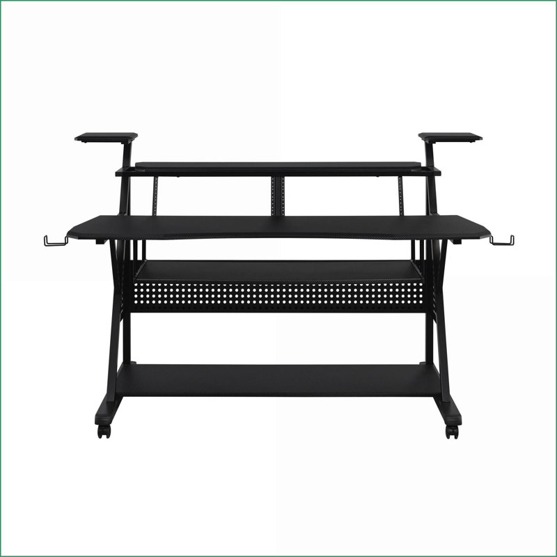 Bureau de musique avec plateau pour clavier, tablettes pour haut-parleurs, gestion des câbles | Finition noire | Noir | Bois synthétique