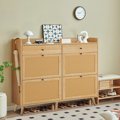 Rattan Shoe Cabinet with 4 Flip Drawers and 2 Drawers, Large Narrow Shoe Organizer, Wooden Entryway Table with Shoe Storage, Farmhouse Hidden Shoe Rack Drawer for Entrance