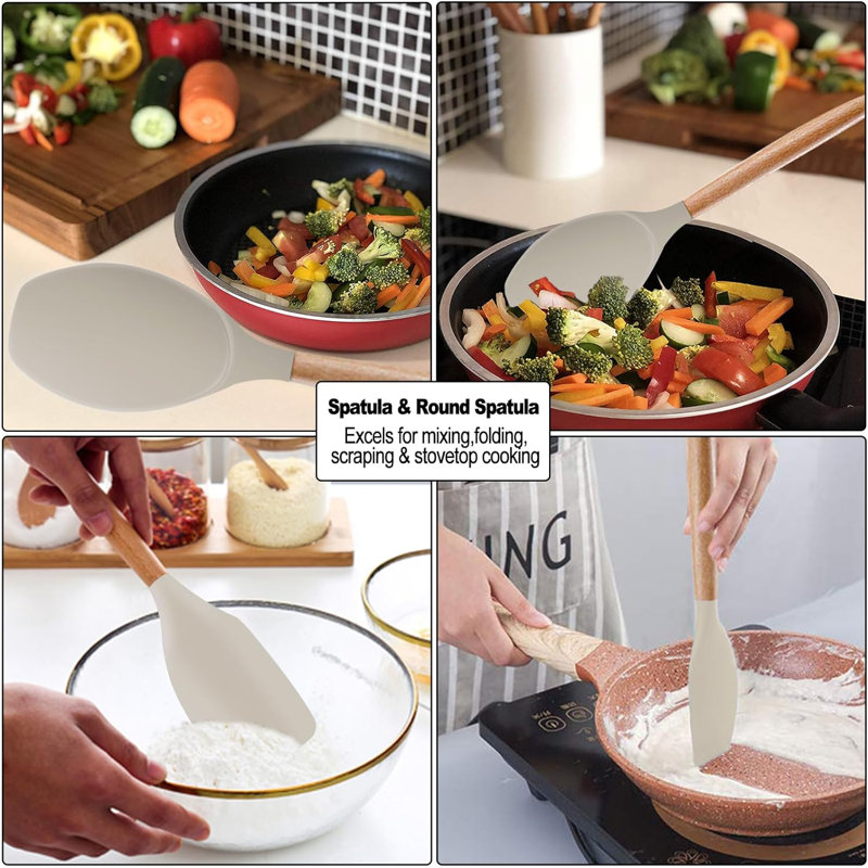 19-Piece Khaki Silicone and Wood Cooking Utensil Set