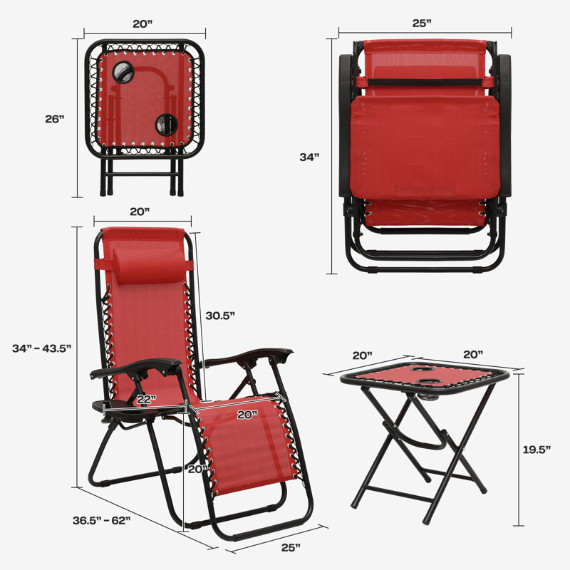Zero Gravity Chairs With Table, Folding Recliner Outdoor Lounge Chairs With Headrest and Cup Holder (Set of 3), Claret