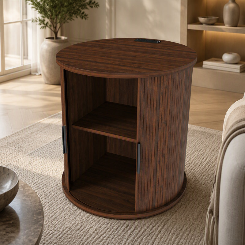 Ensemble de 2 tables de bout cylindriques de style Mid-Century moderne avec station de charge intégrée et porte coulissante, table de chevet ronde à 2 niveaux avec ports USB, table de chevet pour le salon, la chambre à coucher, le vestibule - noir