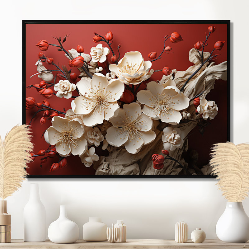 Orchidée blanche et rouge, branches de fleur V - art mural floral abstrait, Cadre flottant noir, H 16 po x l 32 po x P 1 po