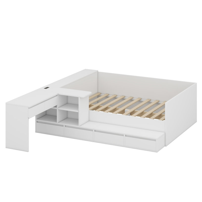 Lit plateforme en bois avec tiroirs, tablettes et coiffeuse, Blanc