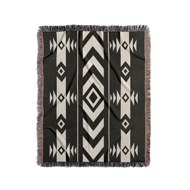 Jeté en mélange de coton Fika South Western, Noir/Blanc cassé, L 70 po x l 50 po