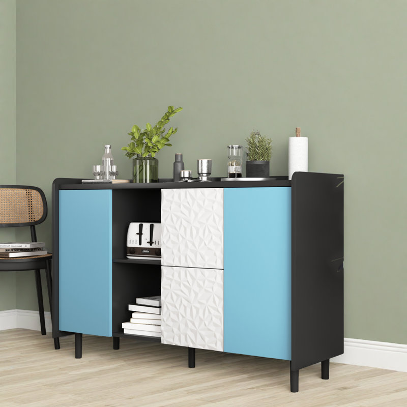 Buffet moderne avec buffet, porte, 2 tiroirs et 2 rangements ouverts, Noir / Bleu, H 31,5 po x l 47,2 po x P 15,7 po