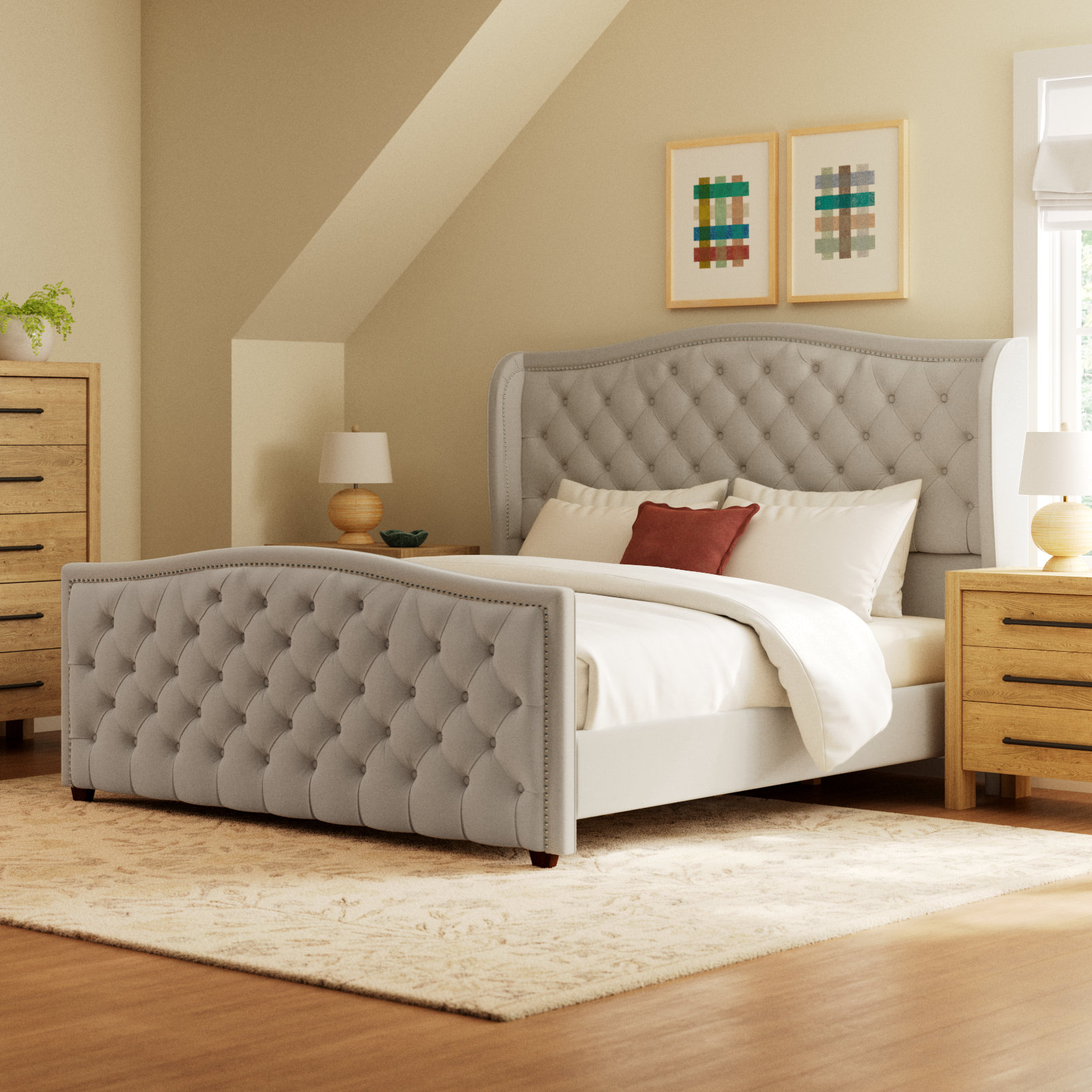 Coleman Velvet Upholstered Wingback Bed, Queen, Sky Neutral Beige Velvet