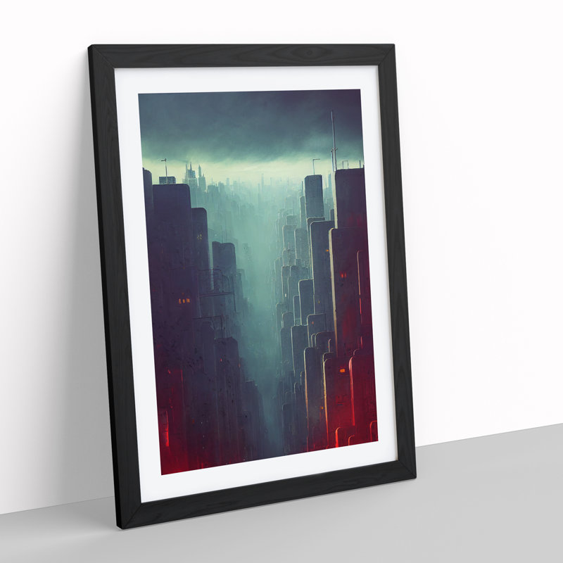Dystopian City Skyline No.2 - Single Picture Frame Painting, 64cm H x 46cm W x 2cm D, Black