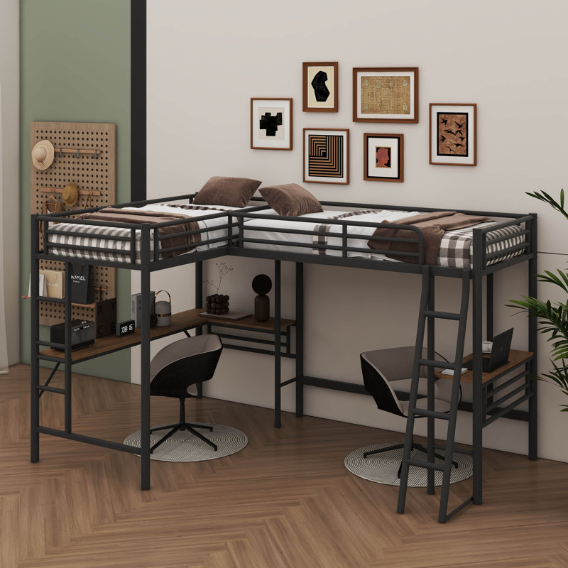 Lit mezzanine simple en forme de L en métal avec structure en acier pour bureau double et accès pour échelle double