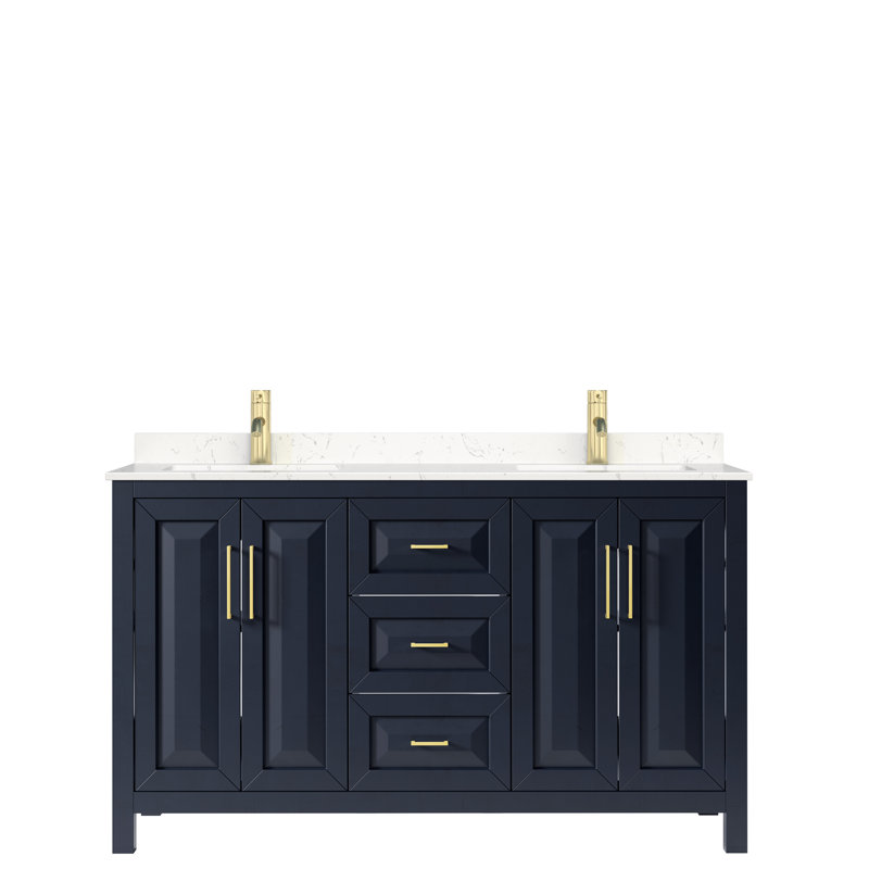 Daria 60'' W Double Vanity, Carrara Cultured Marble, Dark Blue, Brushed Gold
