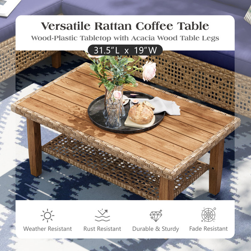 Outdoor Wicker Patio Conversation Furniture Set With Acacia Wood Coffee Table, 3 Pcs: Table, Bench, Sectional, Navy