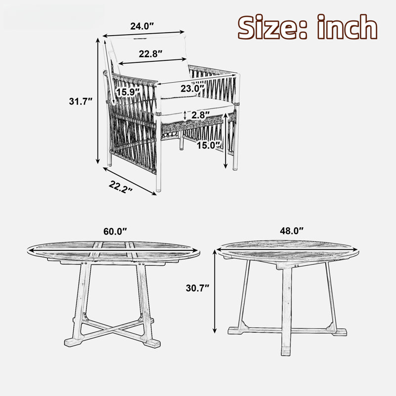 5-piece Patio Dining Table Set Included 1 Extendable Coffee Table, 4 Rattan Arm Chairs With Cushions And Iron Frame