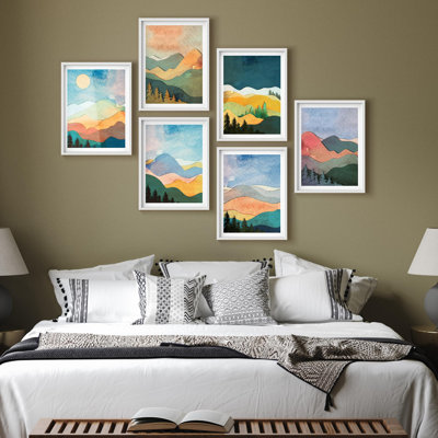 Framed Wall Art Collage Print Gallery Set, Abstract Geometric Mountain Landscape Vibrant Nature Wilderness Illustrations Decorative Colorful for Living Room, Bedroom, Office