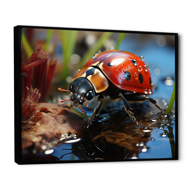 " Red Ladybug Portrait III ", 16" H x 32" W x 1" D, Black Floater Framed