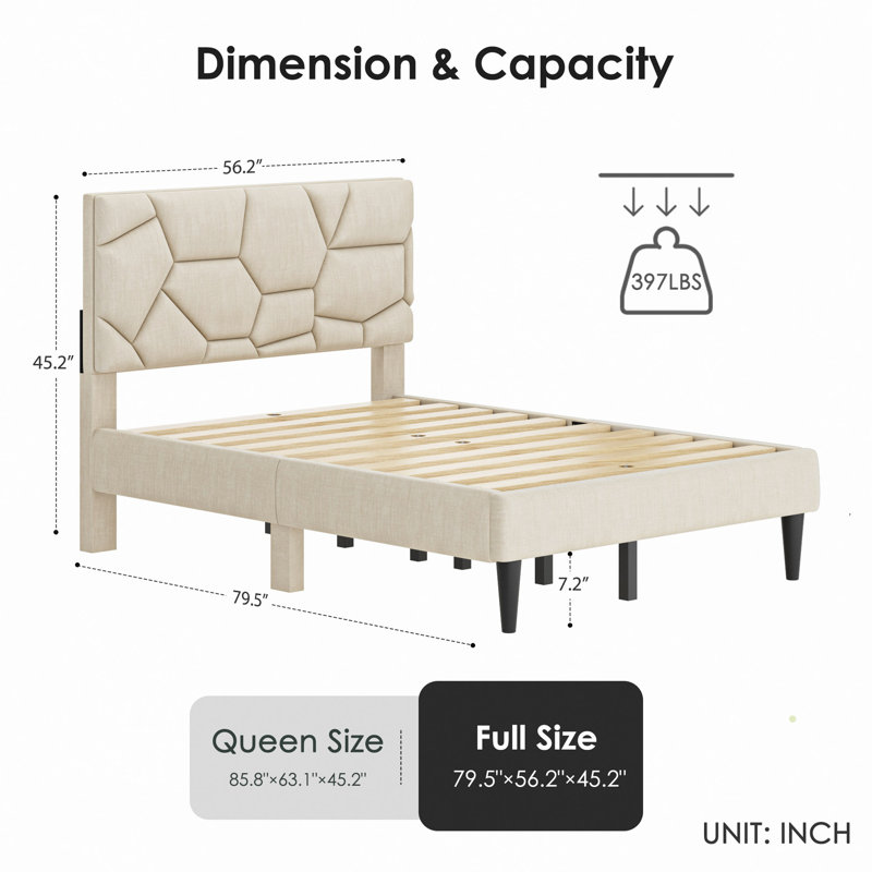 Structure de lit, tête de lit en lin, solide et stable, sans bruit, sans sommier, poids de 397 lb, Lit double