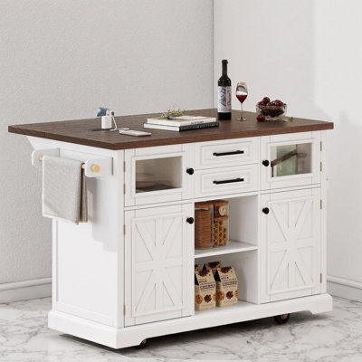 54.9" Farmhouse Kitchen Island with Drop Leaf, Charging Station, Cross Barn Doors & Glass Panel, 4 Internal Racks, Lockable Hidden Wheels