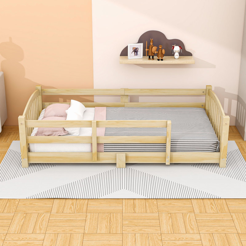 Wood Floor Bed with Safety Guardrails, Natural, Twin