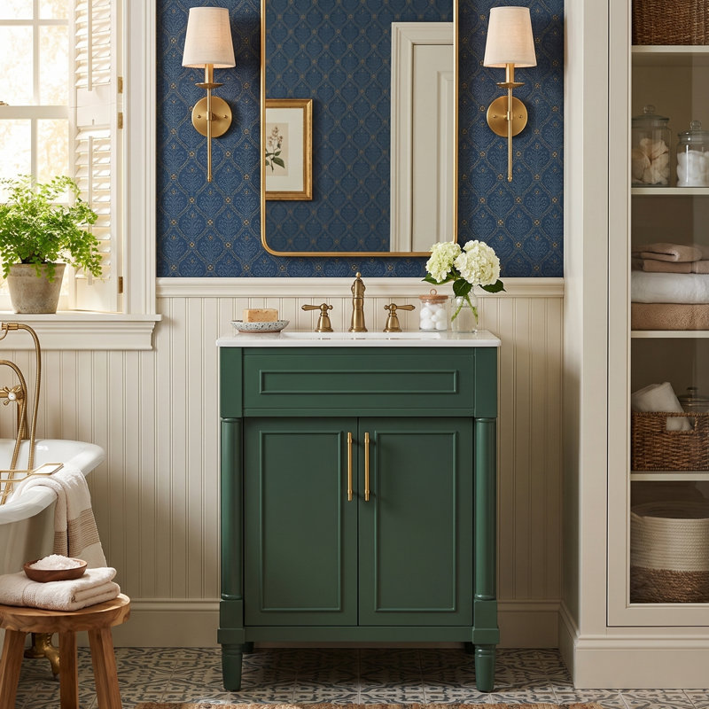 Tour de meuble-lavabo simple 24 po avec lavabo en céramique et armoire 2 portes en bois massif, Vert