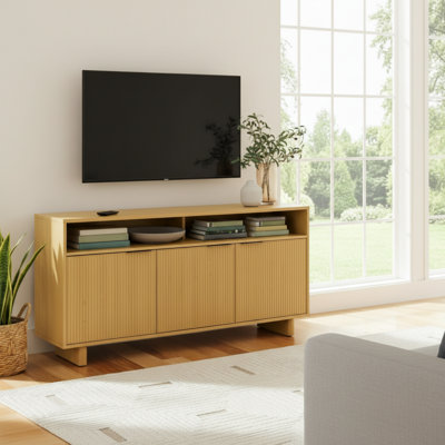 Meuble télé encastré en bois de pin, convenant aux téléviseurs de 70 pouces et moins, avec placage en bois naturel.